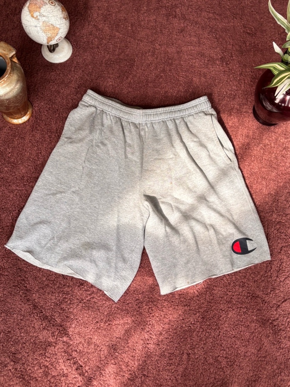 Champion Light Gray Sweat Shorts with Red & Blue Logo